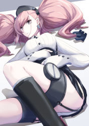Rule 34 | 1girl, anchor hair ornament, atlanta (kancolle), black eyes, black footwear, black hat, boots, boushi-ya, breasts, brown hair, earrings, garrison cap, garter straps, gloves, hair ornament, hat, headgear, jewelry, kantai collection, large breasts, long hair, long sleeves, lying, on back, partially fingerless gloves, simple background, single earring, skirt, solo, star (symbol), star earrings, suspender skirt, suspenders, twintails, two side up