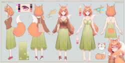 Rule 34 | 1girl, ahoge, animal ear fluff, animal ears, artist request, bag, barefoot, breasts, brown sweater, character sheet, clover print, collarbone, color guide, dress, fox ears, fox girl, fox mask, fox tail, green dress, hair ornament, highres, hugging own tail, hugging tail, indie virtual youtuber, jewelry, mask, medium breasts, momiji saffron, multiple views, nail polish, necklace, orange hair, paw print, pink eyes, pink nails, red footwear, sleeveless, sleeveless dress, sweater, tail, toenail polish, toenails, twitter username, virtual youtuber
