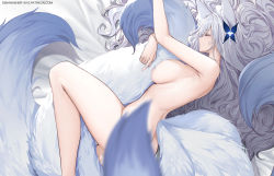 Rule 34 | 1girl, animal ear fluff, animal ears, armpits, azur lane, bed sheet, blurry, breasts, butterfly hair ornament, closed eyes, completely nude, convenient censoring, depth of field, dishwasher1910, fox ears, fox girl, fox tail, grey hair, hair ornament, hair spread out, hugging own tail, hugging tail, kitsune, large breasts, large tail, long hair, multiple tails, nude, profile, shinano (azur lane), sleeping, solo, tail, very long hair