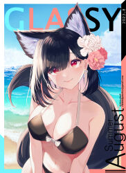 Rule 34 | 1girl, animal ear fluff, animal ears, bare shoulders, beach, bikini, black bikini, black hair, blue sky, blush, breasts, cat ears, closed mouth, cloud, collarbone, commentary request, cover, cover page, dated, day, earrings, email address, flower, hair flower, hair ornament, hair over one eye, highres, horizon, jewelry, large breasts, looking at viewer, mole, mole under eye, navel, ocean, original, pink flower, red eyes, red flower, sand, shiro (acad1213), sky, smile, solo, swimsuit, tail, twitter username, water, white flower