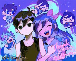 Rule 34 | 2girls, 4boys, aubrey (headspace) (omori), aubrey (omori), basil (headspace) (omori), basil (omori), black eyes, black hair, blue shirt, blush, bow, chibi, closed eyes, closed mouth, collarbone, colored skin, commission, expressionless, flower, green hair, hair bow, head wreath, hero (headspace) (omori), hero (omori), hinann bot, holding, holding stuffed toy, kel (headspace) (omori), kel (omori), long hair, looking at another, looking away, mari (headspace) (omori), mari (omori), multiple boys, multiple girls, omori, omori (omori), open mouth, pink bow, purple hair, second-party source, shirt, short hair, skeb commission, smile, stuffed eggplant, stuffed toy, teeth, twitter username, upper teeth only, white skin