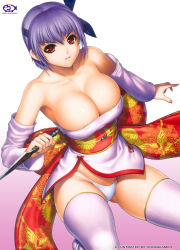 Rule 34 | 1girl, absurdres, areola slip, artist name, ayane (doa), bare shoulders, breasts, covered erect nipples, dead or alive, detached sleeves, gradient background, hair ribbon, headband, highres, iruma kamiri, japanese clothes, kunai, large breasts, nail polish, panties, pink background, purple hair, red eyes, ribbon, short hair, simple background, solo, standing, tecmo, thighhighs, underwear, weapon, white background, white panties