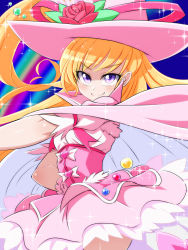 Rule 34 | 1girl, alexandrite style, asahina mirai, blonde hair, cape, cure miracle, cure miracle (alexandrite style), eyebrows, flower, hand on own hip, hat, highres, konboi-eg, long hair, magical girl, mahou girls precure!, pink skirt, precure, purple eyes, rose, skirt, smile, solo, witch hat