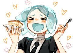 Rule 34 | &gt; &lt;, 1other, :d, ^ ^, androgynous, aqua eyes, aqua hair, aqua nails, blush, cake, closed eyes, collared shirt, crystal hair, flower, food, gem, gem uniform (houseki no kuni), heart, high collar, holding, holding plate, houseki no kuni, iciriini, nail polish, necktie, open mouth, other focus, parted bangs, phosphophyllite, plate, pudding, puffy short sleeves, puffy sleeves, saliva, shirt, short hair, short sleeves, simple background, smile, solo, translucent, translucent hair, white background, white shirt, wing collar, xd