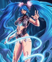 1girl android blue_hair female_focus hatsune_miku highres kurobuchi_numama long_hair looking_at_viewer solo twintails very_long_hair vocaloid