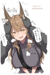 Rule 34 | animal ear fluff, animal ears, arknights, breasts, brown eyes, brown hair, franka (arknights), hand on another&#039;s ear, hand on head, heavy breathing, highres, konigstigerchan, large breasts, sketch, smile, touching ears, underwear, white background