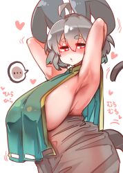 Rule 34 | ..., 1girl, absurdres, ahoge, animal ears, armpits, arms behind head, arms up, blush, breasts, bright pupils, capelet, commentary request, cowboy shot, daruia (sabitare), double-parted bangs, green capelet, grey hair, grey skirt, heart, highres, huge breasts, looking to the side, motion lines, mouse ears, mouse tail, nazrin, parted lips, red eyes, short hair, sideboob, skirt, solo, speech bubble, standing, tail, thick eyebrows, touhou, translation request, white background, white pupils