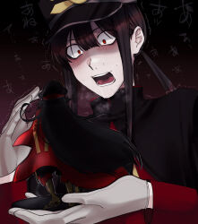 Rule 34 | 1boy, 1girl, armored boots, black background, black cape, black hair, black hat, blunt bangs, blush, boots, cape, constricted pupils, drooling, facing away, fate/grand order, fate (series), furrowed brow, gloves, hair between eyes, hands up, hat, heavy breathing, high collar, highres, implied incest, in palm, jacket, lone nape hair, long hair, long sleeves, looking at another, low ponytail, maeyakara000, mini person, minigirl, motion lines, oda nobukatsu (fate), oda nobunaga (fate), oda nobunaga (koha-ace), open mouth, peaked cap, red cape, red jacket, saliva, shaded face, shako cap, sidelocks, sweat, trembling, very long hair, wall of text, white gloves