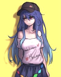 Rule 34 | 1girl, adapted costume, alternate costume, arms behind back, baseball cap, blue hair, blush, breasts, clothes writing, contemporary, cosplay, hat, hecatia lapislazuli, hecatia lapislazuli (cosplay), hinanawi tenshi, long hair, looking away, medium breasts, miata (miata8674), miniskirt, off-shoulder shirt, off shoulder, parted lips, red eyes, shirt, skirt, solo, touhou, yellow background