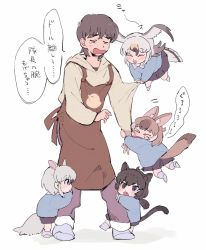 Rule 34 | 1boy, 4girls, alternate costume, animal ears, anteater ears, anteater tail, apron, bald eagle (kemono friends), beige hoodie, bird girl, bird tail, bird wings, black hair, black jaguar (kemono friends), blonde hair, blue shirt, blue skirt, blush, brown apron, brown eyes, brown hair, captain (kemono friends), child, commentary request, dhole (kemono friends), dog ears, dog girl, dog tail, extra ears, closed eyes, fang, flying, grey hair, hair between eyes, head wings, hood, hood down, jaguar ears, jaguar print, jaguar tail, kamutyome7, kemono friends, kemono friends 3, kindergarten uniform, long sleeves, multicolored hair, multiple girls, open mouth, pants, pleated skirt, purple pants, red hair, shirt, shirt tug, short hair, sidelocks, skirt, southern tamandua (kemono friends), tail, translation request, white hair, wings, aged down