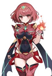 Rule 34 | 1girl, absurdres, black gloves, breasts, chest jewel, earrings, etoria, fingerless gloves, gloves, highres, jewelry, large breasts, pyra (xenoblade), red eyes, red hair, red shorts, short hair, short shorts, shorts, solo, swept bangs, thighhighs, tiara, xenoblade chronicles (series), xenoblade chronicles 2
