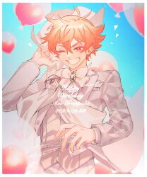 Rule 34 | 1boy, 2023, ace trappola, balloon, blue sky, border, character name, facial mark, happy birthday, heart, heart balloon, heart facial mark, highres, jacket, long sleeves, male focus, one eye closed, red eyes, red hair, rutu, shirt, short hair, sky, smile, solo, teeth, twisted wonderland, white border, white jacket, white shirt