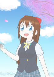 Rule 34 | 1girl, aqua eyes, aqua shirt, artist name, artist request, black skirt, black vest, blue eyes, blue skirt, blue sky, blush, bow, branch, breasts, brown hair, buttons, checkered clothes, checkered skirt, cloud, collared shirt, dated, day, female focus, hair between eyes, hair bow, highres, long hair, looking at viewer, love live!, love live! nijigasaki high school idol club, miniskirt, nijigasaki academy school uniform, osaka shizuku, outdoors, parted lips, petals, pink petals, plaid, plaid skirt, pleated, pleated skirt, ponytail, red bow, ribbon, school uniform, shirt, short sleeves, skirt, sky, small breasts, smile, solo, sweater vest, tree, vest, white shirt, yellow buttons, yellow neckwear, yellow ribbon