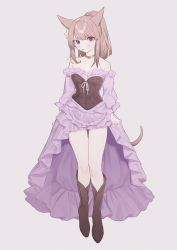 Rule 34 | 1girl, :p, absurdres, animal ears, warrior of light (ff14), bare shoulders, boots, brown hair, cat ears, cat tail, choker, commentary, copyright request, dress, final fantasy, final fantasy xiv, flower, frilled dress, frilled sleeves, frills, funa (sakana), hair flower, hair ornament, highres, long sleeves, miqo&#039;te, neck ribbon, off-shoulder dress, off shoulder, ponytail, purple eyes, ribbon, sidelocks, slit pupils, solo, tail, tongue, tongue out, white background