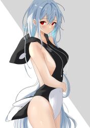Rule 34 | 1girl, animal hood, arknights, arm across waist, backless swimsuit, black one-piece swimsuit, blue hair, blush, breasts, casual one-piece swimsuit, cetacean tail, closed mouth, covered navel, cowboy shot, fake tail, fins, fish tail, from side, grey background, highres, hood, hood down, hoodie, large breasts, long hair, looking at viewer, looking to the side, one-piece swimsuit, orca hood, red eyes, sideboob, skadi (arknights), solo, sora mame (princess 0sora), swimsuit, tail, two-tone background, two-tone swimsuit, very long hair, white background, white one-piece swimsuit