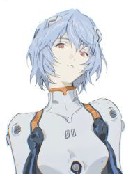 Rule 34 | 1girl, arms at sides, ayanami rei, blue hair, bodysuit, breasts, chromatic aberration, commentary, covered collarbone, hair between eyes, head tilt, high collar, interface headset, kgeroua, looking at viewer, medium breasts, neon genesis evangelion, pale skin, parted lips, plugsuit, red eyes, red pupils, short hair, simple background, solo, teeth, upper body, white background, white bodysuit