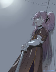 Rule 34 | 1girl, against wall, auo123, bleeding, blood, blood from mouth, blood on face, green eyes, hand on own hip, katana, leaning, leaning back, long hair, pink hair, ponytail, side ponytail, sketch, solo, sword, toji no miko, tsubakuro yume, turtleneck, twitter username, weapon