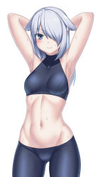 Rule 34 | 1girl, armpits, arms behind head, arms up, bare shoulders, bike shorts, black sports bra, blue eyes, blush, breasts, closed mouth, commentary request, covered collarbone, cowboy shot, groin, hair between eyes, hair down, hair flaps, highres, long hair, looking at viewer, midriff, myouan, navel, original, shirakami itsuki, sidelocks, silver hair, simple background, skindentation, small breasts, solo, sports bra, standing, sweat, toned, white background