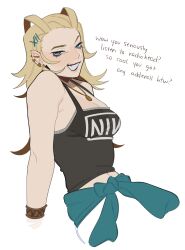 Rule 34 | 1girl, absurdres, alternate costume, antenna hair, aqua jacket, band shirt, black shirt, blonde hair, blue eyes, casual, clothes around waist, ear piercing, earrings, english text, grin, hair ornament, hair slicked back, hairclip, hand on ground, highres, jacket, jacket around waist, jewelry, kingdom hearts, larxene, leaning back, looking at viewer, medium hair, merchandise, necklace, nine inch nails, open mouth, piercing, porqueloin, shirt, simple background, smile, solo, stud earrings, talking, tank top, upper body, white background