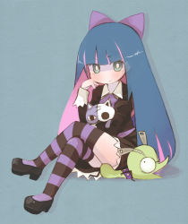 Rule 34 | 10s, 1girl, blue eyes, blue hair, bow, chuck (psg), colored inner hair, crossed legs, dennou usagi, hair bow, honekoneko (psg), long hair, matching hair/eyes, multicolored hair, panty &amp; stocking with garterbelt, sitting, solo, stocking (psg), striped clothes, striped thighhighs, stuffed animal, stuffed cat, stuffed toy, thighhighs