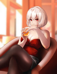 Rule 34 | 1girl, alternate costume, armchair, azur lane, bare shoulders, beefusteku, black pantyhose, black skirt, blurry, blurry background, breasts, chair, cleavage, closed mouth, collarbone, commentary, crop top, crossed legs, cup, english commentary, feet out of frame, happy new year, highres, holding, holding cup, large breasts, lips, looking at viewer, new year, pantyhose, red eyes, red shirt, shirt, short hair, sirius (azur lane), sitting, skirt, smile, solo, thighs, white hair