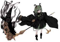 Rule 34 | 1girl, nanashi inc., aiguillette, aura, bandages, black footwear, black jacket, blue eyes, blunt bangs, bob cut, boots, buttons, chain, commentary, dark aura, demon girl, demon horns, demon tail, double-breasted, dress, eyepatch, full body, gold chain, gold trim, green dress, green hair, green necktie, highres, holding, holding scythe, holding weapon, honey strap, horns, jacket, looking at viewer, military, military uniform, narue, necktie, oversized object, pointy ears, scythe, sekishiro mico, short hair, simple background, sleeves past fingers, sleeves past wrists, solo, tail, uniform, virtual youtuber, weapon, white background