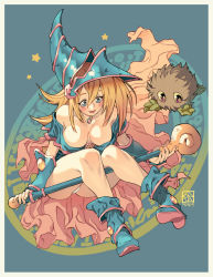 Rule 34 | 1girl, bare shoulders, blonde hair, blue background, blue eyes, blue footwear, blush, blush stickers, boots, breasts, choker, cleavage, collarbone, dark magician girl, dated, duel monster, green eyes, hat, kuriboh, large breasts, long hair, looking down, open mouth, pentacle, pentagram, poch4n, signature, smile, solo, staff, wand, wizard hat, yu-gi-oh!, yu-gi-oh! duel monsters