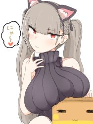 Rule 34 | 1girl, animal ears, azur lane, bare shoulders, black neckwear, blush, breast rest, breasts, cat ears, fake animal ears, formidable (azur lane), grey hair, grin, highres, jewelry, large breasts, looking at viewer, red eyes, ring, shiming liangjing, smile, sweater, twintails, wedding band