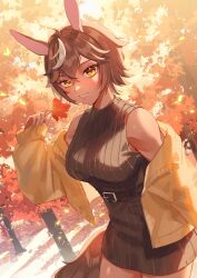 1girl absurdres animal_ears autumn_leaves belt black_belt black_dress breasts brown_hair dress eyelashes grin harushio highres holding holding_leaf horse_ears horse_girl horse_tail indie_virtual_youtuber jacket leaf open_clothes open_jacket ribbed_dress second-party_source short_hair sleeveless sleeveless_dress smile solo star_(symbol) star_in_eye symbol_in_eye tail tan tomoe_umari tree virtual_youtuber yellow_eyes yellow_jacket zipper