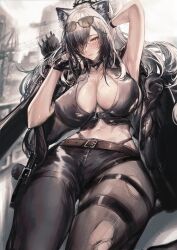 Rule 34 | 1girl, animal ears, arknights, arm behind head, arm up, armpits, arrow (projectile), belt, black gloves, black jacket, blush, breasts, cat ears, cat girl, cleavage, closed mouth, commentary, eyewear on head, gloves, grey hair, hair over one eye, highres, holster, jacket, jacket on shoulders, large breasts, leg holster, long hair, looking at viewer, midriff, schwarz (arknights), single glove, solfi0211, solo, sunglasses, torn clothes, wet, yellow eyes
