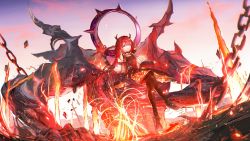 Rule 34 | absurdres, arknights, demon girl, demon horns, fire, giant, highres, holding, holding weapon, horns, long hair, lava, orion92617, purple eyes, red hair, surtr (arknights), sword, weapon