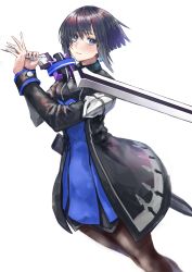 Rule 34 | 1girl, armor, black dress, black hair, black pantyhose, blue eyes, blush, breasts, closed mouth, dress, dutch angle, earrings, female focus, hands up, highres, holding, holding sword, holding weapon, jewelry, level9kaito, light blush, long sleeves, looking at viewer, multicolored clothes, multicolored dress, own hands together, pantyhose, sheath, short hair, shoulder armor, sidelocks, simple background, small breasts, solo, standing, sword, trista (world flipper), weapon, white background, world flipper