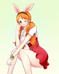 Rule 34 | 1girl, animal ears, bare arms, blush, brown eyes, female focus, long hair, midair, nami (one piece), nami (one piece) (whole cake island), one eye closed, one piece, orange eyes, orange hair, rabbit ears, sitting, sitting in midair, smile, solo, twintails, wink