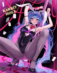 Rule 34 | 1girl, aa2mee, absurdres, animal ears, arms up, black leotard, blue eyes, blue hair, bow, bowtie, card, collar, commentary, detached collar, english commentary, english text, fake animal ears, fake tail, fishnet pantyhose, fishnets, hair ornament, hands up, hatsune miku, heart, heart-shaped pupils, high heels, highres, leotard, long hair, looking at viewer, pantyhose, pink bow, pink bowtie, pink nails, playboy bunny, playing card, pole, rabbit ears, rabbit hole (vocaloid), rabbit tail, red ribbon, ribbon, smile, solo, squatting, symbol-shaped pupils, tail, tongue, tongue out, twintails, twitter username, vocaloid, white collar, x hair ornament