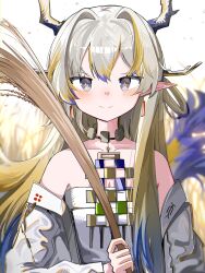 Rule 34 | 1girl, absurdres, arknights, bare shoulders, blonde hair, blue hair, blush, closed mouth, dot nose, dragon girl, dragon horns, glint, grey eyes, grey hair, hair intakes, highres, holding, holding plant, horns, jacket, jewelry, long sleeves, looking at viewer, multicolored hair, necklace, off shoulder, open clothes, open jacket, plant, pointy ears, rice (plant), sheaf, shirt, shu (arknights), smile, solo, spam (spamham4506), straight-on, strapless, strapless shirt, streaked hair, upper body, white jacket, white shirt