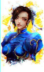 Rule 34 | 1girl, alcoholicrattlesnake, arms at sides, blue dress, brown eyes, brown hair, bun cover, capcom, china dress, chinese clothes, chromatic aberration, chun-li, cropped torso, deviantart username, double bun, dress, earrings, eyelashes, hair bun, highres, instagram username, jewelry, looking at viewer, parted lips, pearl earrings, short hair, solo, street fighter, upper body