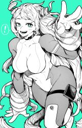 Rule 34 | !, 1girl, absurdres, aqua background, aqua eyes, bodysuit, boku no hero academia, breasts, commentary request, greyscale with colored background, hadou nejire, highres, large breasts, long hair, looking at viewer, monochrome, open mouth, smile, solo, spoken exclamation mark, very long hair, yotsumi shiro