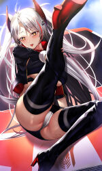 Rule 34 | 1girl, antenna hair, ass, azur lane, black footwear, black jacket, blush, boots, breasts, cropped jacket, grey hair, headgear, high heel boots, high heels, highres, iron blood (emblem), jacket, large breasts, leg up, long hair, looking at viewer, microskirt, misa pika, multicolored hair, official alternate costume, open clothes, open jacket, panties, prinz eugen (azur lane), prinz eugen (final lap) (azur lane), race queen, red hair, sitting, skirt, solo, streaked hair, sweat, thigh boots, tongue, tongue out, two-tone hair, underboob, underwear, very long hair, white hair, white panties, yellow eyes