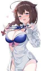 Rule 34 | 1girl, ahoge, between breasts, bikini, unworn bikini bottom, black necktie, blue bikini, blue eyes, braid, breasts, brown hair, calin, collared shirt, commentary request, hair flaps, hair ornament, hairpin, heart, highres, holding, holding clothes, holding swimsuit, kantai collection, large breasts, long hair, looking at viewer, necktie, necktie between breasts, open mouth, partially unbuttoned, shigure (kancolle), shigure kai ni (kancolle), shirt, single braid, solo, swimsuit, white background, white shirt