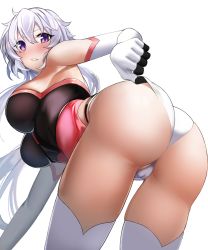 Rule 34 | 1girl, ahoge, ass, bent over, blush, breasts, cameltoe, elbow gloves, from behind, gloves, highres, large breasts, leotard, leotard tug, long hair, looking at viewer, looking back, low twintails, pink leotard, purple eyes, scrunchie, senki zesshou symphogear, silver hair, simple background, solo, standing, thighhighs, twintails, usagits 00, white background, yukine chris