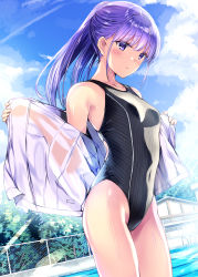 Rule 34 | 1girl, bad id, bad pixiv id, bare shoulders, blue sky, blush, breasts, chain-link fence, cloud, commentary request, competition swimsuit, contrail, covered navel, cowboy shot, day, dutch angle, fence, highleg, highleg swimsuit, highres, kobayashi chisato, light rays, long hair, long sleeves, md5 mismatch, one-piece swimsuit, original, outdoors, ponytail, pool, purple eyes, purple hair, resolution mismatch, see-through, shirt, skin tight, sky, small breasts, solo, source smaller, straight hair, striped clothes, striped one-piece swimsuit, sunbeam, sunlight, swimsuit, tree, undressing, wet, wet clothes, wet shirt, white shirt