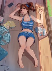 Rule 34 | 1girl, ahoge, armpits, barefoot, blouse, blush, book, breasts, brown hair, cable, cellphone, cleavage, clothes lift, collarbone, cup, day, drill hair, drinking glass, electric fan, feet, fork, from above, full body, head tilt, idolmaster, idolmaster million live!, kamille (vcx68), knees together feet apart, large breasts, looking away, midriff peek, motion blur, navel, open book, open mouth, outdoors, phone, plate, purple eyes, shirt, shirt lift, short hair, side drill, sliding doors, smartphone, solo, striped clothes, striped shirt, sweat, teeth, thick thighs, thighs, tray, wooden floor, yokoyama nao
