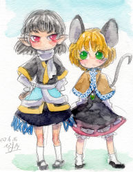 Rule 34 | 2girls, alternate color, animal ears, blonde hair, capelet, color switch, gradient background, green eyes, grey hair, hand on own hip, highres, jewelry, mary janes, mizuhashi parsee, mouse ears, mouse tail, multiple girls, nazrin, painting (medium), pendant, piyo (piyoko528), pointy ears, red eyes, shoes, skirt, sweatdrop, tail, touhou, traditional media, watercolor (medium)