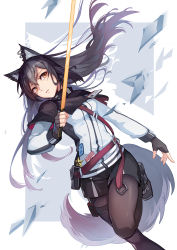 Rule 34 | 1girl, animal ear fluff, animal ears, arknights, black capelet, black footwear, black gloves, black hair, black pantyhose, black shorts, breasts, brown eyes, capelet, closed mouth, commentary, commentary request, earrings, feng you, fingerless gloves, gloves, hair between eyes, holding, holding sword, holding weapon, jacket, jewelry, long hair, medium breasts, multiple earrings, pantyhose, pouch, shoes, short shorts, shorts, sidelocks, solo, sword, tail, texas (arknights), thigh strap, weapon, white jacket, wolf ears, wolf tail