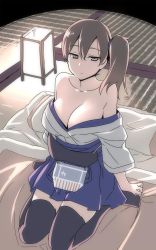 Rule 34 | 10s, 1girl, bare shoulders, black thighhighs, breasts, brown eyes, brown hair, cleavage, hair between eyes, hakama, hakama short skirt, hakama skirt, highres, himura kiseki, japanese clothes, kaga (kancolle), kantai collection, large breasts, muneate, side ponytail, sitting, sketch, skirt, solo, tatami, thighhighs, wariza
