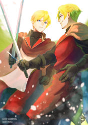 Rule 34 | 2boys, belt, black gloves, blonde hair, blue eyes, blurry, blurry foreground, brown cape, cape, clenched hand, copyright name, day, dylan the island king, ethan the exiled hero, eye contact, facial hair, glint, gloves, holding, holding sword, holding weapon, looking at another, male focus, mizuki apple, multiple boys, outdoors, pixiv fantasia, pixiv fantasia last saga, red cape, sky, smirk, standing, stubble, sword, weapon, white sky