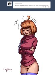 Rule 34 | 1girl, ahoge, bottomless, cleft of venus, closed eyes, dr graevling, lips, lipstick, makeup, motion lines, original, pussy, short hair, solo, striped clothes, striped thighhighs, sweater, sweater girl (dr graevling), thighhighs, turtleneck, uncensored