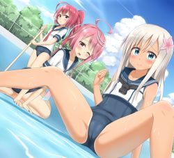 Rule 34 | 10s, 3girls, ahoge, arm support, blonde hair, blue eyes, blush, broom, cameltoe, cleft of venus, cloud, covered navel, crop top, day, empty pool, flower, hair flower, hair ornament, hair ribbon, i-168 (kancolle), i-58 (kancolle), kantai collection, long hair, multiple girls, necktie, nedia (nedia region), one-piece swimsuit, one-piece tan, one eye closed, open mouth, outdoors, pink eyes, pink hair, ponytail, pool, red hair, ribbon, ro-500 (kancolle), sailor collar, school swimsuit, short hair, sitting, sky, spread legs, swimsuit, swimsuit under clothes, tan, tanline