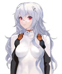 Rule 34 | 1girl, absurdres, alternate hair length, alternate hairstyle, arms at sides, ayanami rei, blue hair, bodysuit, closed mouth, egk513, evangelion: 3.0+1.0 thrice upon a time, hair between eyes, hairpods, highres, interface headset, long hair, multicolored bodysuit, multicolored clothes, neon genesis evangelion, plugsuit, rebuild of evangelion, red eyes, simple background, solo, upper body, white background, white bodysuit