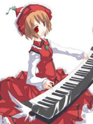 Rule 34 | 1girl, brown hair, buttons, frilled hat, frilled shirt collar, frilled skirt, frills, hat, instrument, keyboard (instrument), long skirt, long sleeves, looking at viewer, lowres, lyrica prismriver, photoshop (medium), red eyes, red hat, red shirt, red skirt, sakuraba yuuki, shirt, short hair, simple background, skirt, solo, source request, touhou, white background